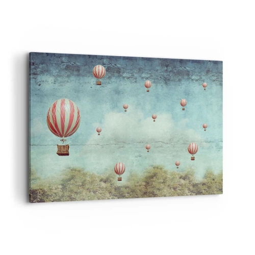 Cuadro sobre lienzo - Impresión de Imagen - Globos retro contra un cielo azul y un fondo verde. - 120x80cm - Libre del ajetreo de la vida - Decoración de pared moderna para salón y dormitorio ARTTOR