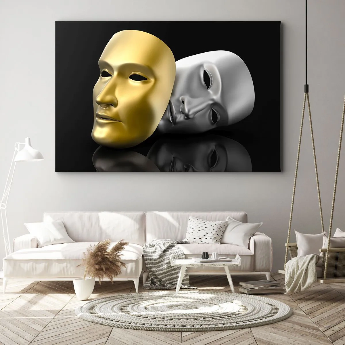 Cuadro sobre lienzo - Impresión de Imagen - Máscara de oro y plata sobre fondo negro. - 100x70cm - La vida es un teatro - Decoración de pared moderna para salón y dormitorio ARTTOR