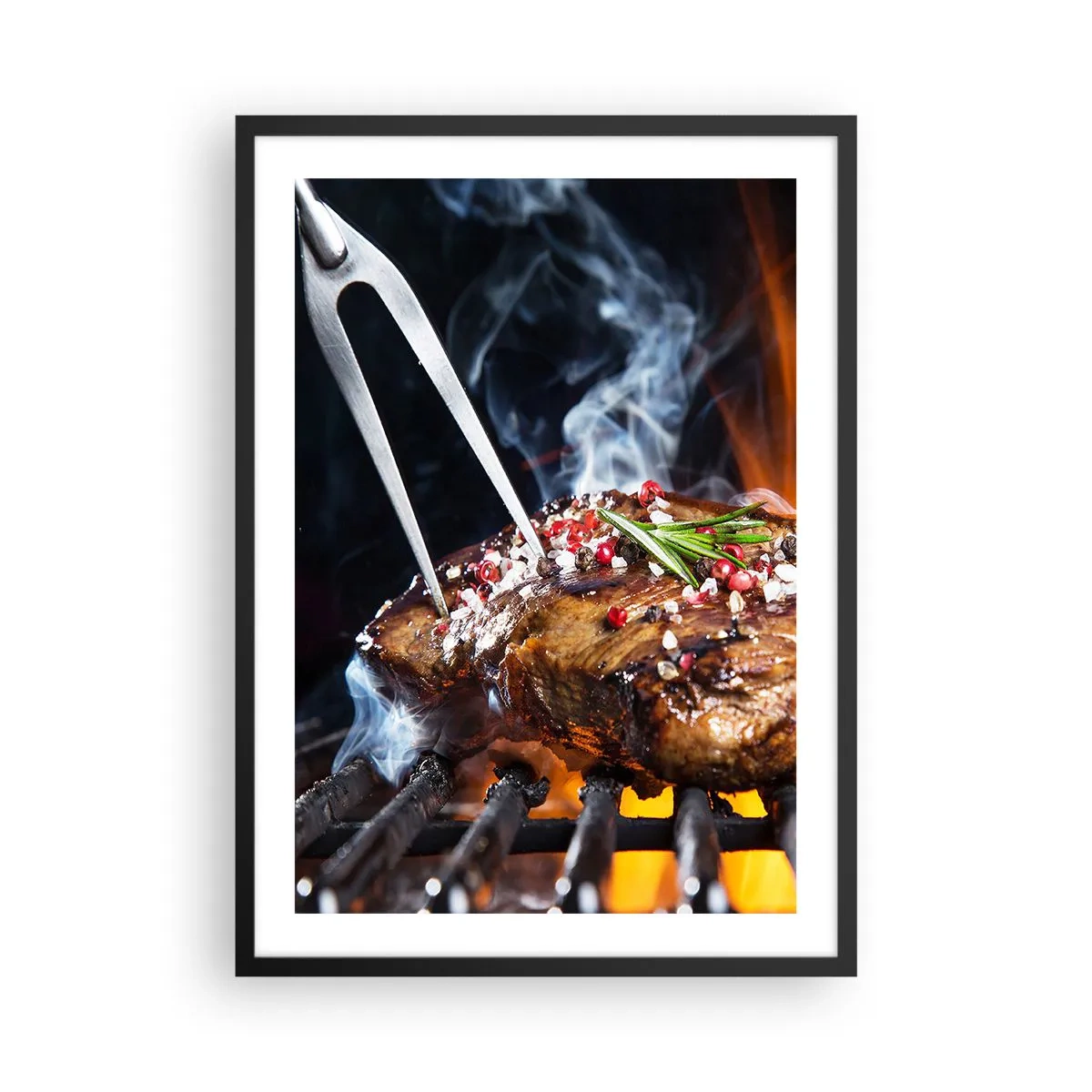 Póster en marco negro - Filete a la parrilla con especias - 50x70cm - Jugoso y fragante - Decoración de pared moderna para salón y dormitorio ARTTOR