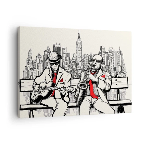 Cuadro sobre lienzo - Impresión de Imagen - Un dúo de jazz con saxofón y guitarra con la ciudad como telón de fondo. - 70x50cm - Improvisación en Nueva York - Decoración de pared moderna para salón y dormitorio ARTTOR