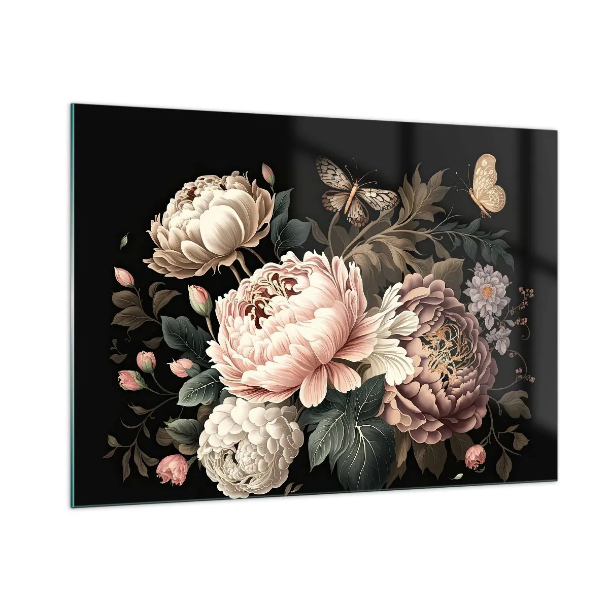 Cuadro sobre vidrio - Impresiones sobre Vidrio - Composición floral con mariposas sobre fondo negro. - 100x70cm - En estilo barroco - Decoración de pared moderna para salón y dormitorio ARTTOR