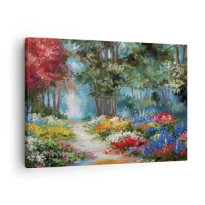 Cuadro sobre lienzo - Impresión de Imagen - Un pintoresco jardín lleno de flores y árboles coloridos en un entorno forestal. - 70x50cm - Jardín forestal, bosque floral - Decoración de pared moderna para salón y dormitorio ARTTOR