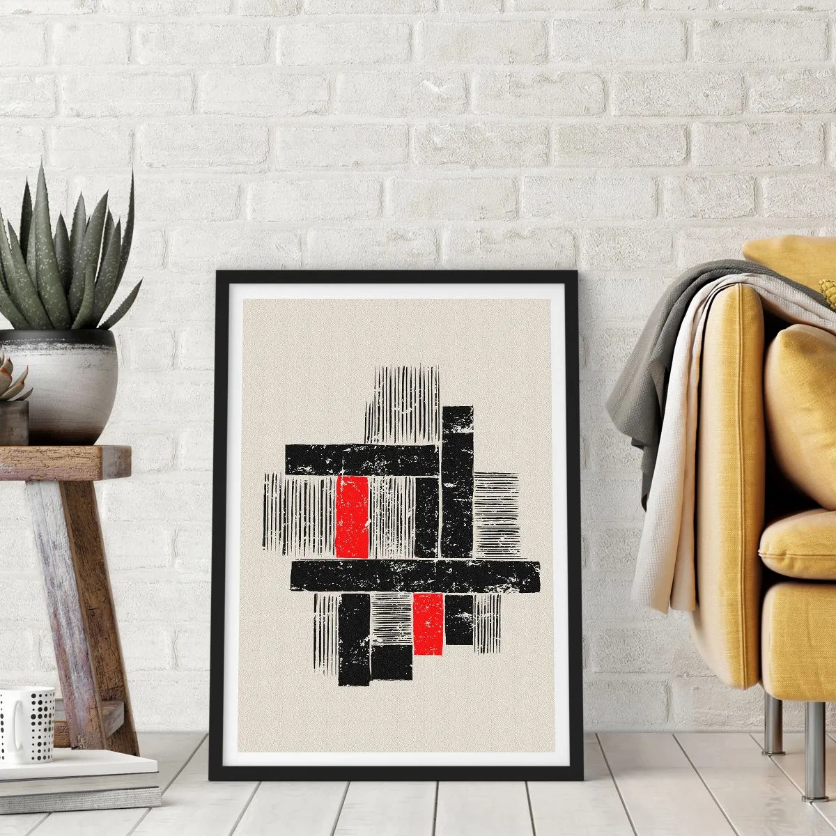Póster en marco negro - Abstracción geométrica en negro, rojo y beige. - 50x70cm - Rojo y negro - Decoración de pared moderna para salón y dormitorio ARTTOR