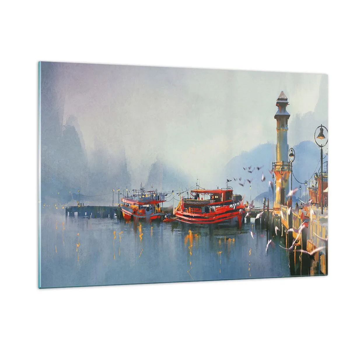 Cuadro sobre vidrio - Impresiones sobre Vidrio - Un puerto con barcos rojos, un faro y pájaros con las montañas como telón de fondo. - 120x80cm - En el fin del mundo - Decoración de pared moderna para salón y dormitorio ARTTOR