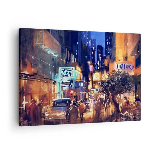 Cuadro sobre lienzo - Impresión de Imagen - Paisaje urbano vespertino de estilo impresionista - 70x50cm - Y la ciudad no duerme - Decoración de pared moderna para salón y dormitorio ARTTOR