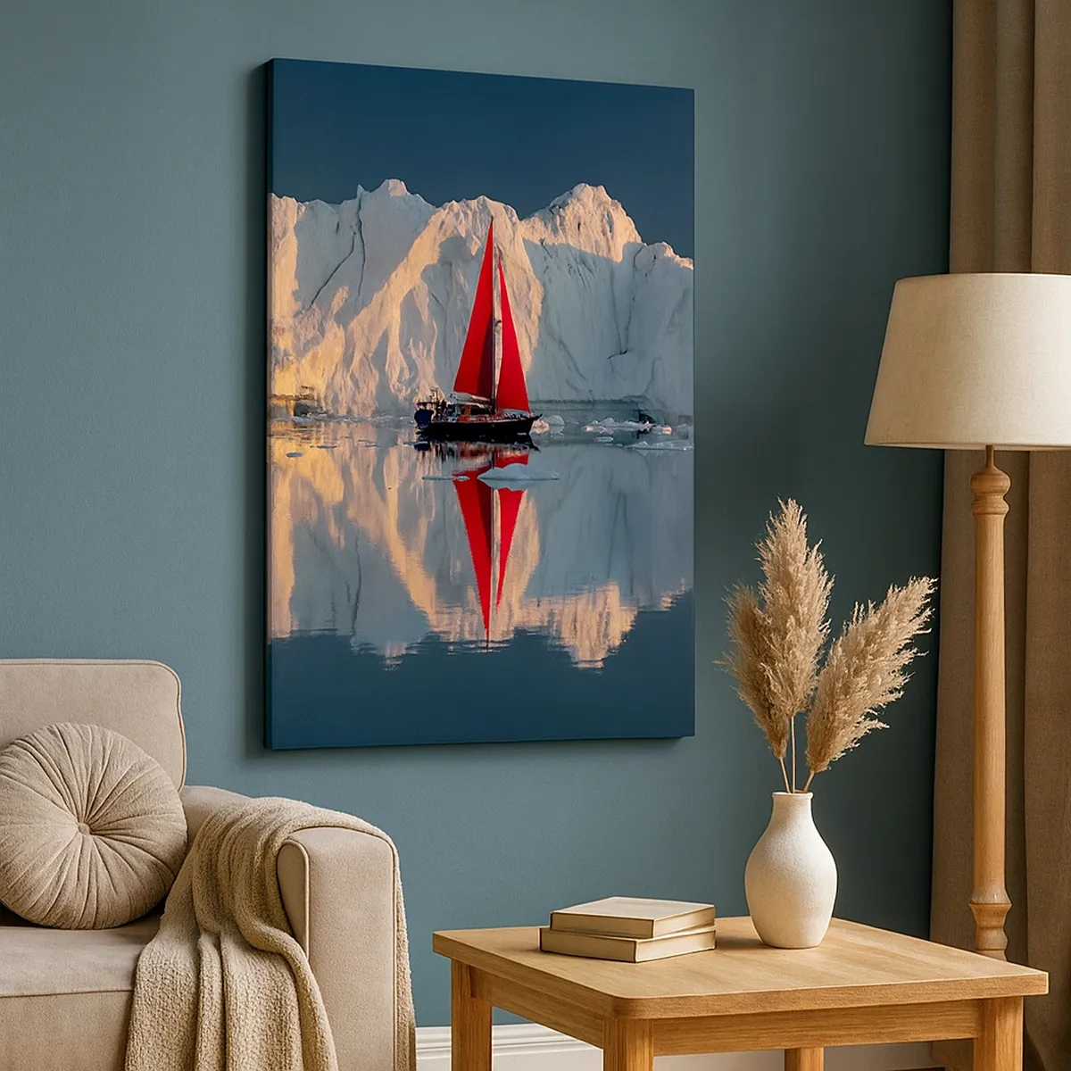 Cuadro sobre lienzo - Impresión de Imagen - Un velero con una vela roja con el fondo de un glaciar. - 50x70cm - En el límite del mundo - Decoración de pared moderna para salón y dormitorio ARTTOR