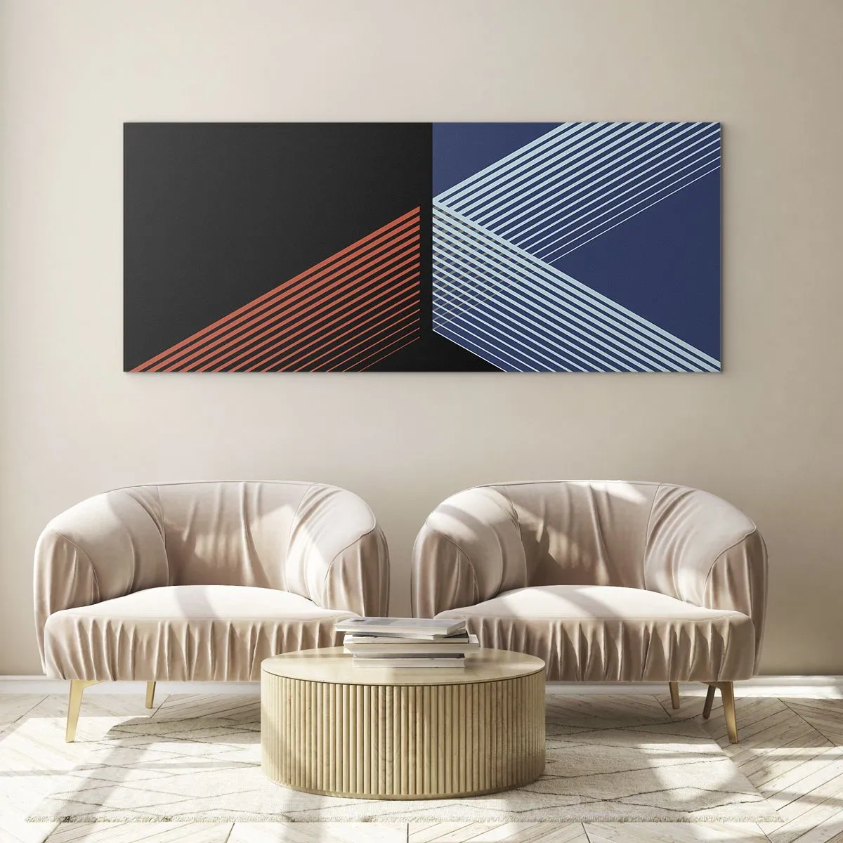 Cuadro sobre vidrio - Impresiones sobre Vidrio - Líneas geométricas en tonos rojos y azules. - 140x50cm - La rectitud - Decoración de pared moderna para salón y dormitorio ARTTOR