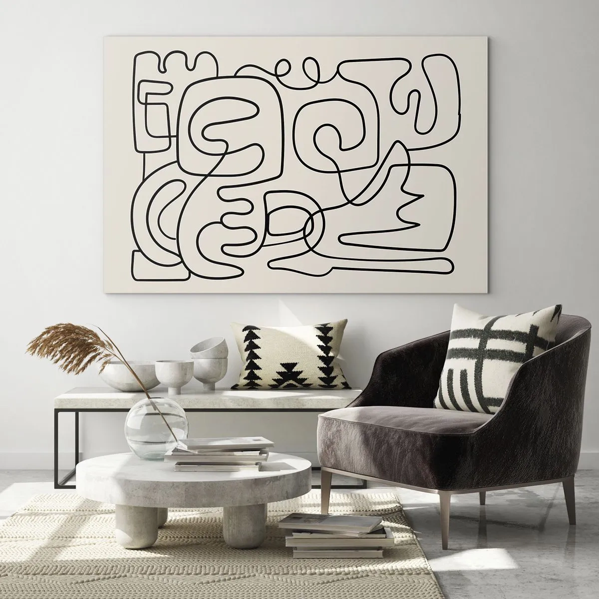 Cuadro sobre vidrio - Impresiones sobre Vidrio - Las líneas abstractas negras forman un patrón complejo sobre beige. - 70x50cm - El camino correcto - Decoración de pared moderna para salón y dormitorio ARTTOR