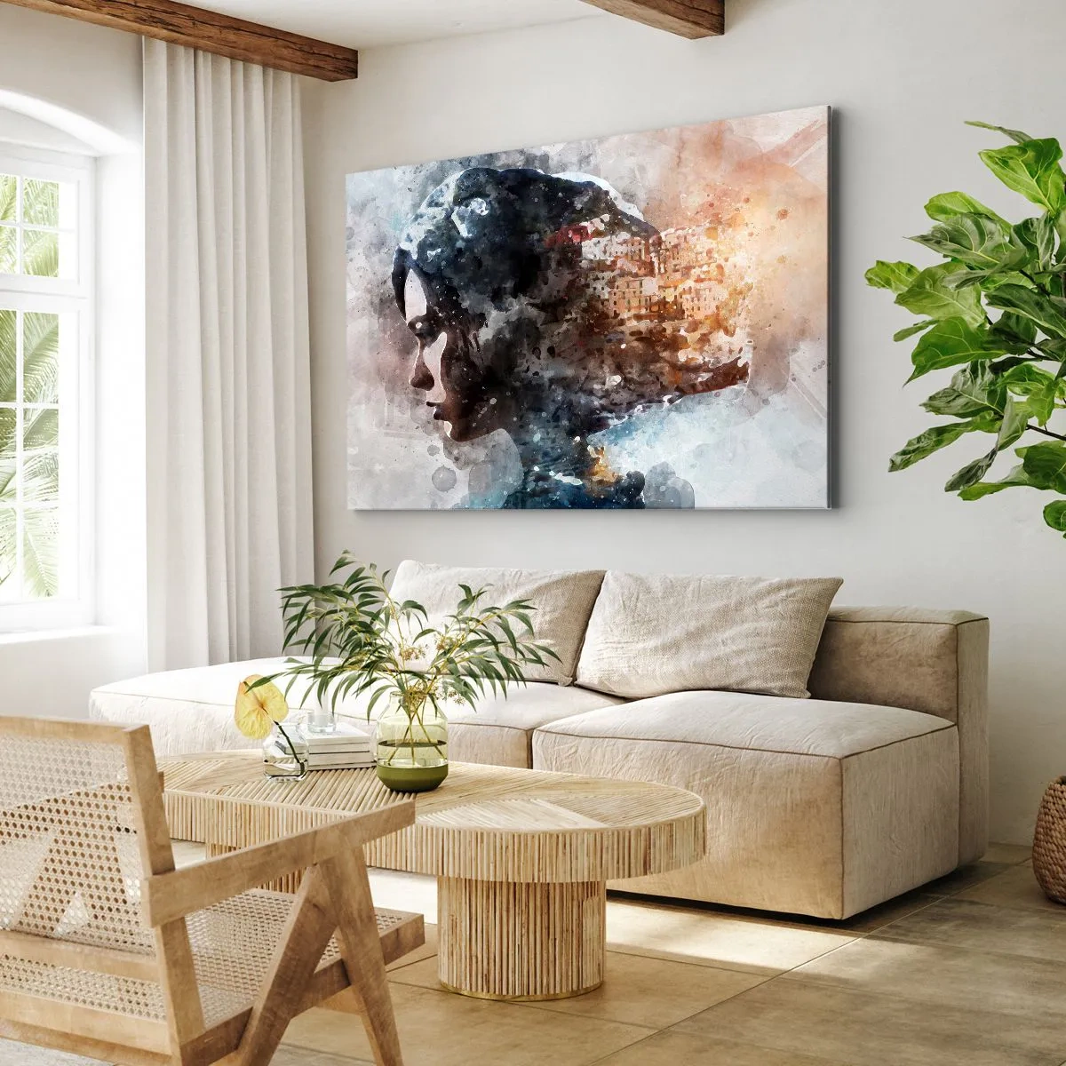 Cuadro sobre lienzo - Impresión de Imagen - Retrato de una mujer que combina su rostro con un paisaje urbano de fondo. - 70x50cm - Una historia sobre una niña con una ciudad de fondo - Decoración de pared moderna para salón y dormitorio ARTTOR