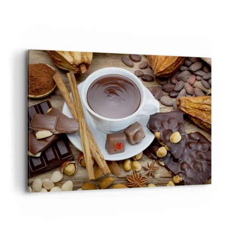 Cuadro sobre lienzo - Impresión de Imagen - Una taza de chocolate caliente rodeada de ingredientes de postre. - 100x70cm - Chocolate de ensueño - Decoración de pared moderna para salón y dormitorio ARTTOR
