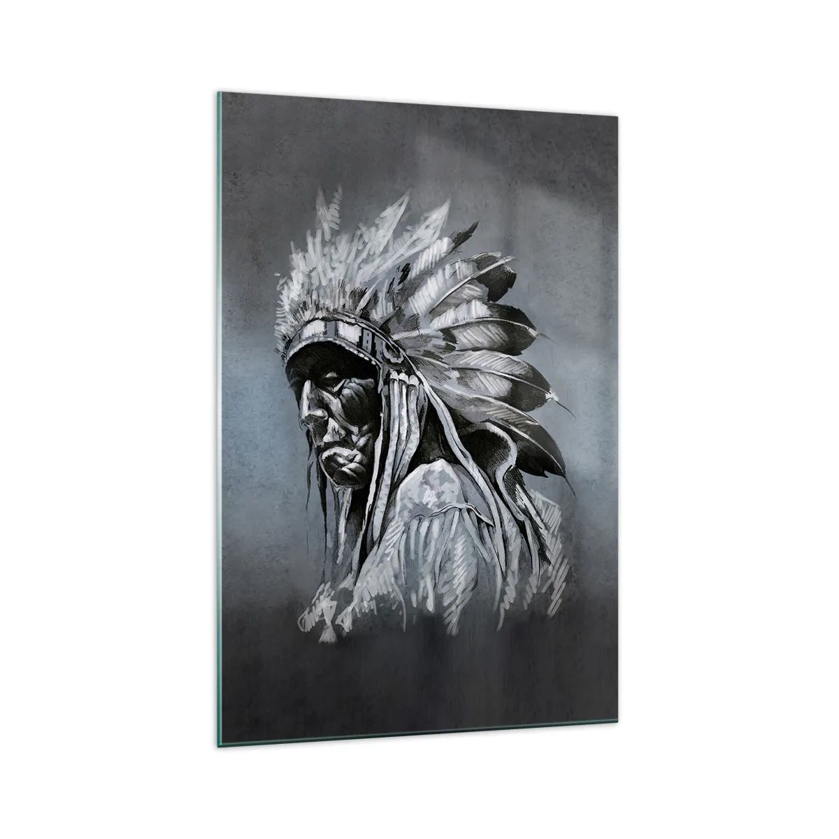 Cuadro sobre vidrio - Impresiones sobre Vidrio - Retrato de un jefe indio con un tocado tradicional - 70x100cm - Regreso a las raíces - Decoración de pared moderna para salón y dormitorio ARTTOR