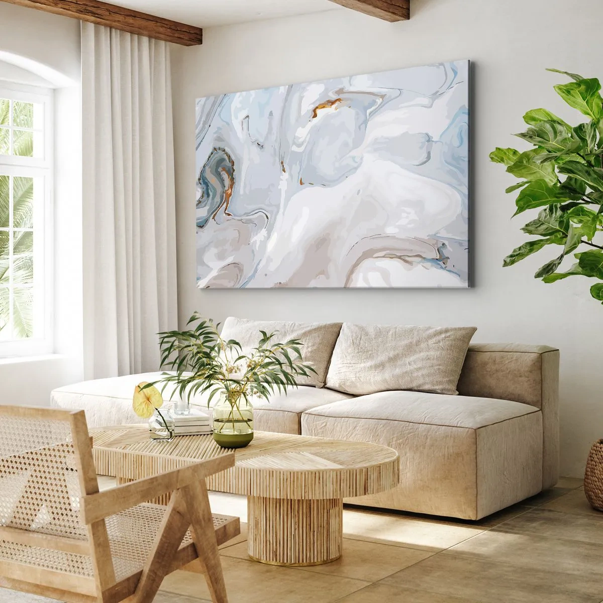 Cuadro sobre lienzo - Impresión de Imagen - Ondas abstractas en tonos azules y blancos - 70x50cm - Blanco fusión - Decoración de pared moderna para salón y dormitorio ARTTOR
