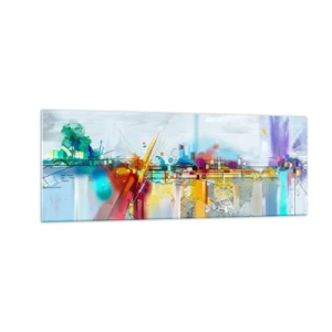 Cuadro sobre vidrio - Impresiones sobre Vidrio - Paisaje abstracto con acentos coloridos. - 140x50cm - Un puente de alegría sobre el río de la vida - Decoración de pared moderna para salón y dormitorio ARTTOR