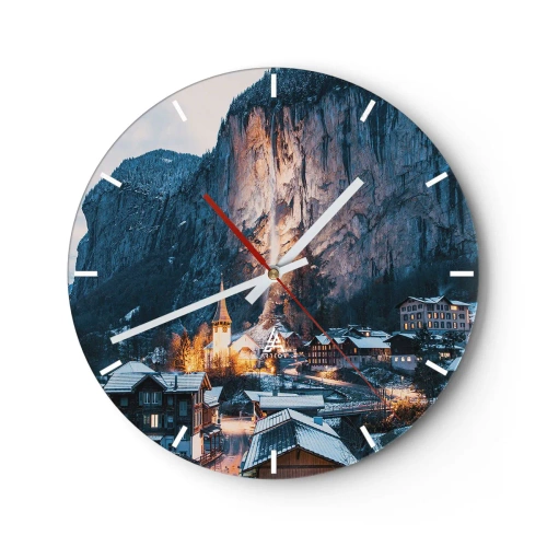 Reloj de pared - Reloj de vidrio - Un pintoresco pueblo al pie de montañas nevadas iluminado por una luz cálida. - 30x30cm - El espíritu luminoso del invierno - Decoración de pared moderna para salón, cocina y dormitorio ARTTOR