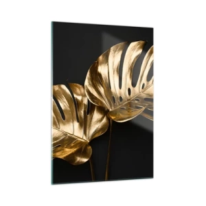 Cuadro sobre vidrio - Impresiones sobre Vidrio - Hojas de monstera doradas sobre fondo negro - 50x70cm - Tesoros de la naturaleza - Decoración de pared moderna para salón y dormitorio ARTTOR