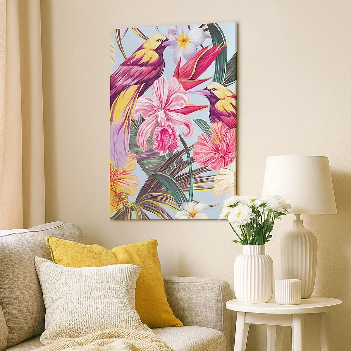 Cuadro sobre lienzo - Impresión de Imagen - Aves exóticas entre flores tropicales - 50x70cm - Pétalos y plumas - Decoración de pared moderna para salón y dormitorio ARTTOR