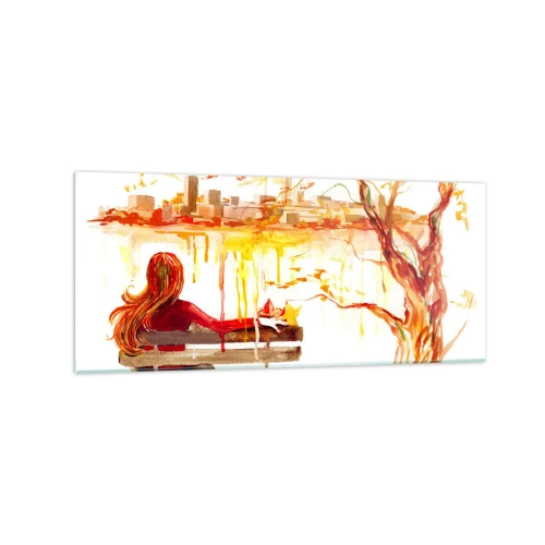 Cuadro sobre vidrio - Impresiones sobre Vidrio - Escena de acuarela de una mujer en un banco con vistas a la ciudad. - 120x50cm - Un momento de reflexión - Decoración de pared moderna para salón y dormitorio ARTTOR