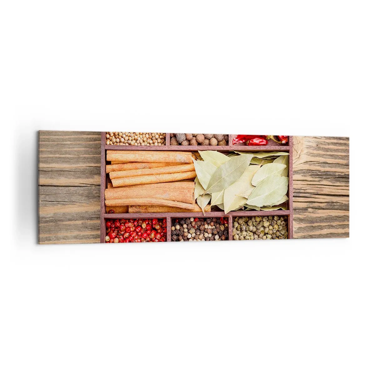 Cuadro sobre lienzo - Impresión de Imagen - Caja de madera con varias especias en compartimentos. - 160x50cm - Orden de formas, composición de aromas - Decoración de pared moderna para salón y dormitorio ARTTOR