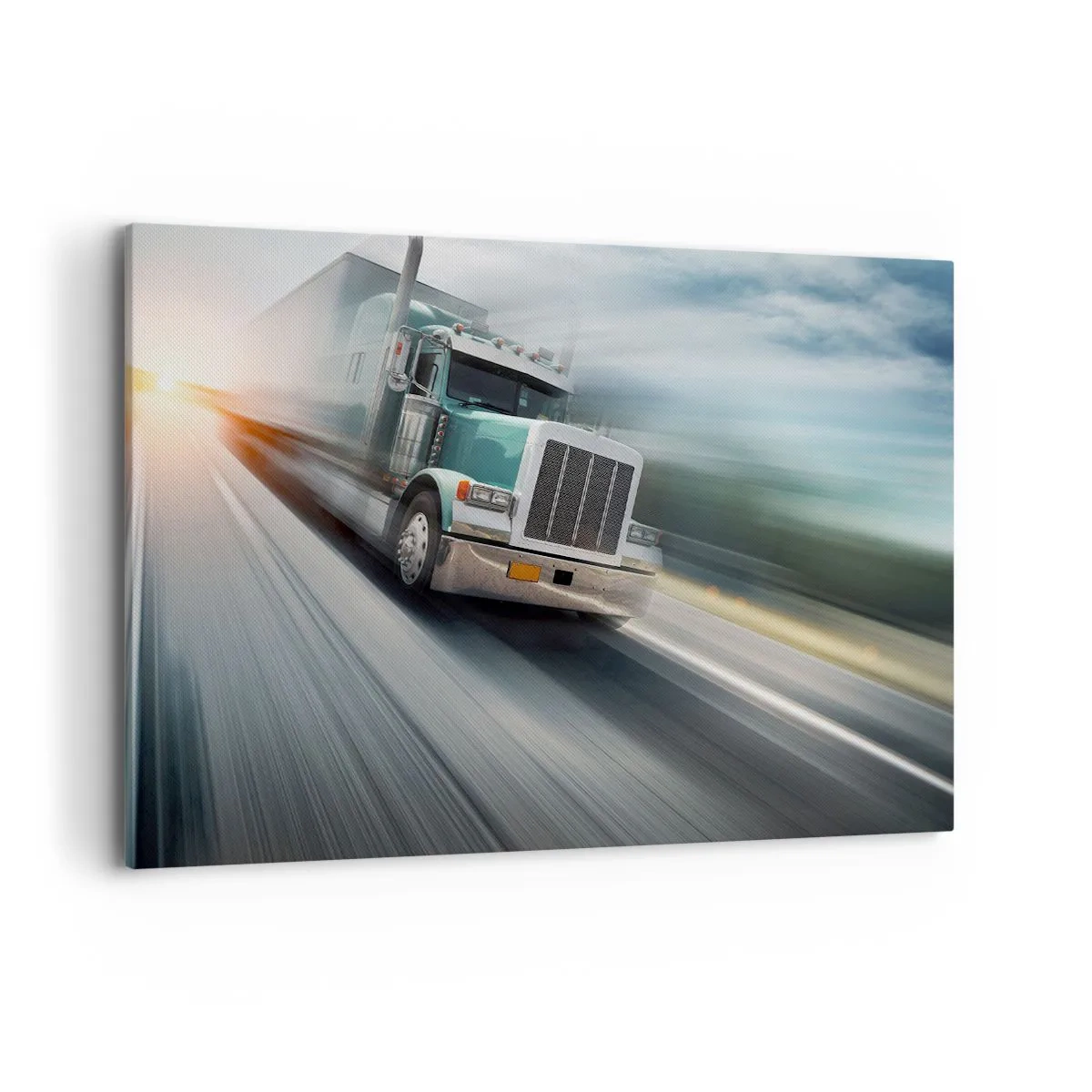 Cuadro sobre lienzo - Impresión de Imagen - Un camión en la carretera en movimiento al atardecer. - 100x70cm - Un gigante norteamericano en apuros - Decoración de pared moderna para salón y dormitorio ARTTOR