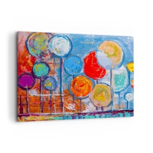Cuadro sobre lienzo - Impresión de Imagen - Árboles abstractos coloridos sobre un fondo azul - 100x70cm - Milagros en un palo - Decoración de pared moderna para salón y dormitorio ARTTOR
