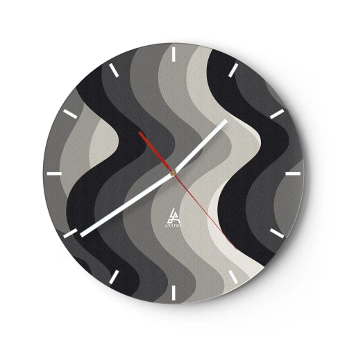Reloj de pared - Reloj de vidrio - Rayas onduladas en tonos grises y negros en el diseño gráfico. - 30x30cm - Ola tras ola - Decoración de pared moderna para salón, cocina y dormitorio ARTTOR