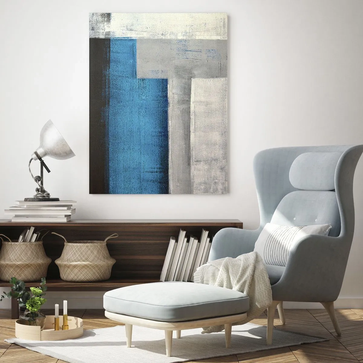 Cuadro sobre vidrio - Impresiones sobre Vidrio - Abstracción geométrica en azul, gris y blanco. - 50x70cm - Composición poética de gris y azul - Decoración de pared moderna para salón y dormitorio ARTTOR