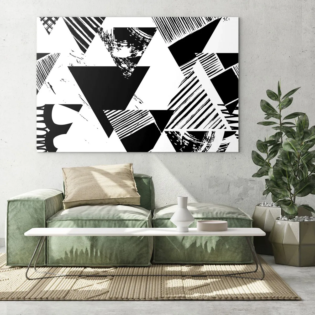 Cuadro sobre vidrio - Impresiones sobre Vidrio - Patrones geométricos en blanco y negro con motivos triangulares. - 100x70cm - Una lluvia de triángulos - Decoración de pared moderna para salón y dormitorio ARTTOR
