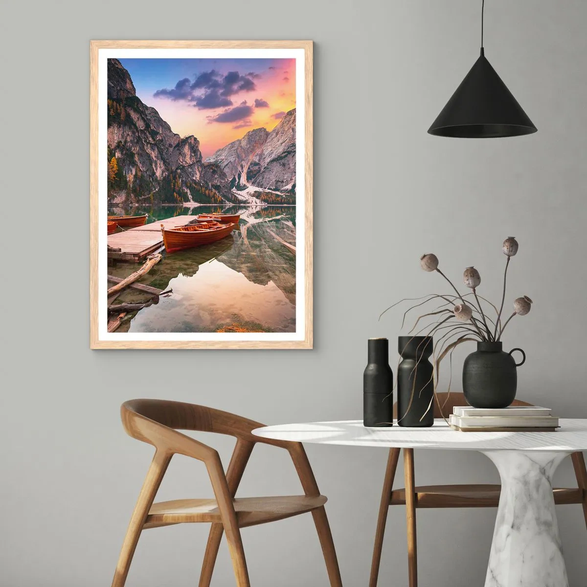 Póster en marco roble claro - Espejo entre montañas - 50x70 cm