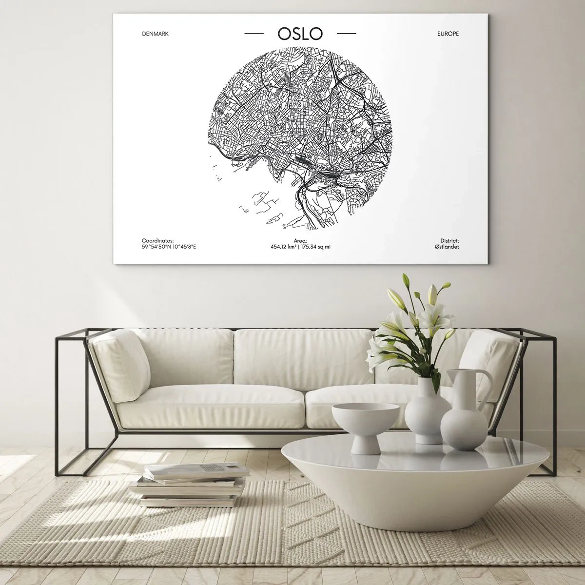 Cuadro sobre vidrio - Impresiones sobre Vidrio - Mapa de la ciudad de Oslo en estilo gráfico en blanco y negro - 100x70cm - Anatomía de Oslo - Decoración de pared moderna para salón y dormitorio ARTTOR
