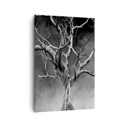 Cuadro sobre lienzo - Impresión de Imagen - Un árbol seco en blanco y negro contra la niebla. - 70x100cm - Primordial y sagrado - Decoración de pared moderna para salón y dormitorio ARTTOR
