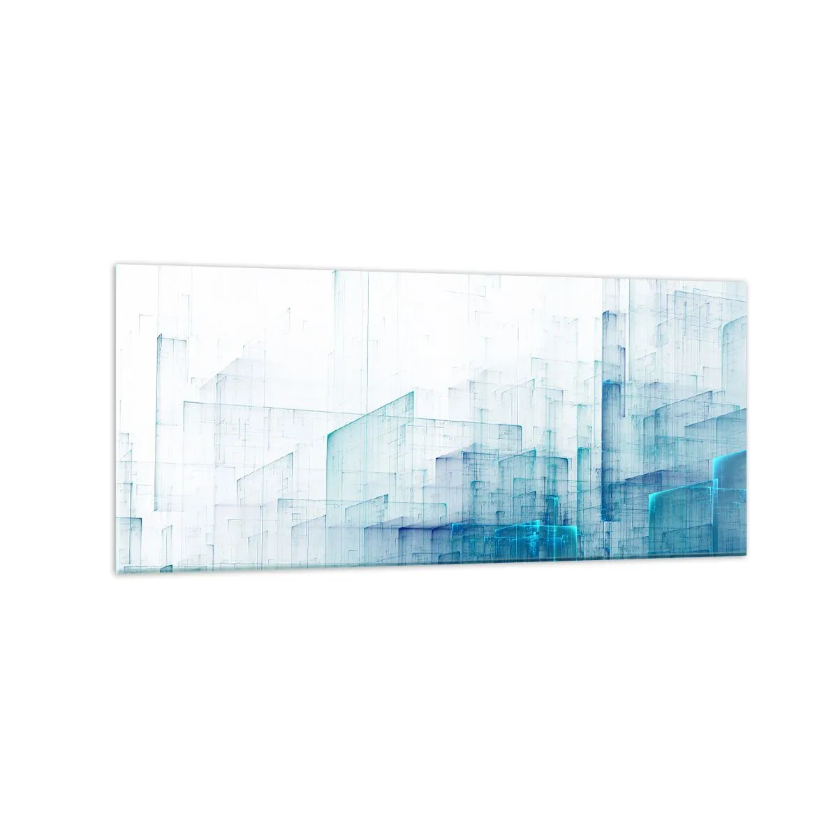 Cuadro sobre vidrio - Impresiones sobre Vidrio - Formas geométricas abstractas en tonos azules - 120x50cm - Cómo se hizo el espacio - Decoración de pared moderna para salón y dormitorio ARTTOR