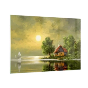 Cuadro sobre vidrio - Impresiones sobre Vidrio - Un paisaje pintoresco con una cabaña junto al lago al atardecer. - 100x70cm - Es hermoso, como salido de un cuadro - Decoración de pared moderna para salón y dormitorio ARTTOR
