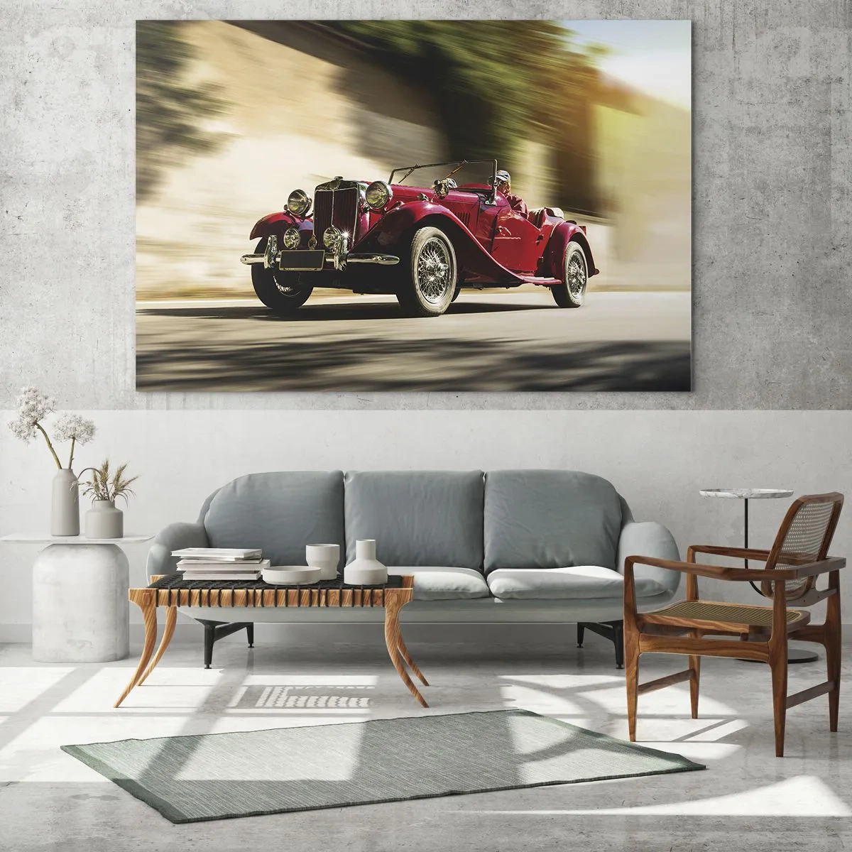Cuadro sobre vidrio - Impresiones sobre Vidrio - Clásico descapotable rojo en movimiento contra el fondo de la calle y el paisaje borroso. - 70x50cm - Hermosa pieza de museo - Decoración de pared moderna para salón y dormitorio ARTTOR