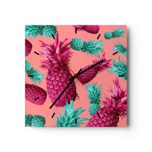 Reloj de pared - Reloj de vidrio - Piñas exóticas en colores rosa y turquesa. - 30x30cm - La libertad es dulce - Decoración de pared moderna para salón y dormitorio ARTTOR