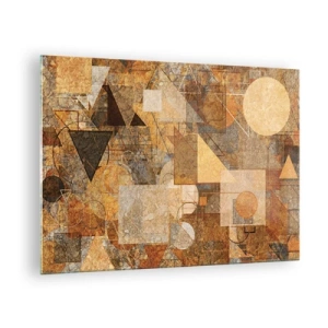 Cuadro sobre vidrio - Impresiones sobre Vidrio - Patrones geométricos abstractos en colores cálidos - 70x50cm - Estudio cubista en bronce - Decoración de pared moderna para salón y dormitorio ARTTOR
