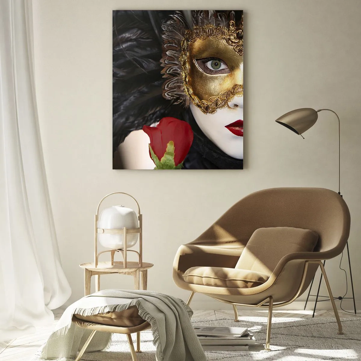 Cuadro sobre vidrio - Impresiones sobre Vidrio - Máscara de carnaval con una rosa roja - 50x70cm - Porque la vida es un gran baile - Decoración de pared moderna para salón y dormitorio ARTTOR
