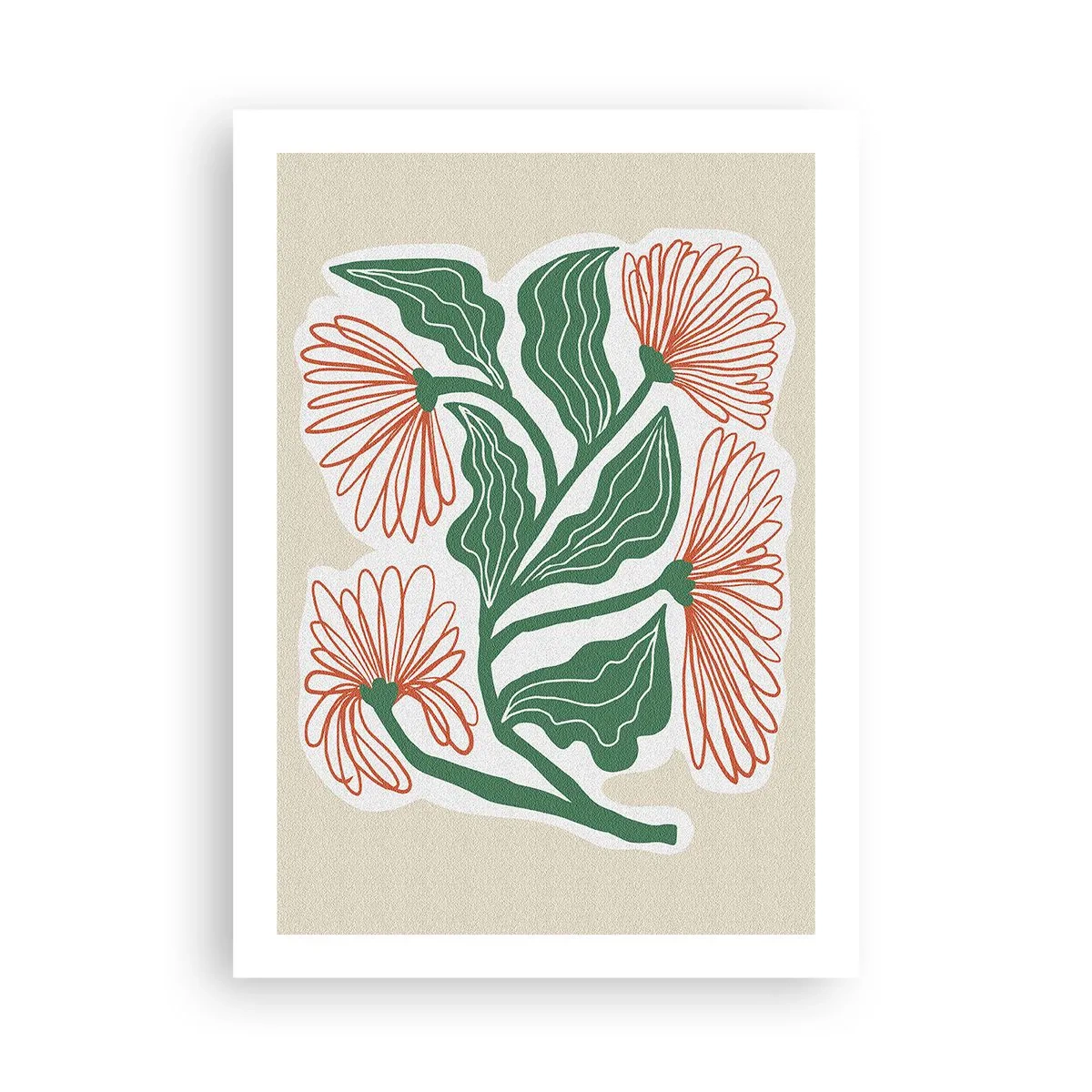 Póster - Motivo abstracto de flores y hojas sobre un fondo beige - 50x70cm - Folclórico y moderno - Decoración de pared moderna para salón y dormitorio ARTTOR