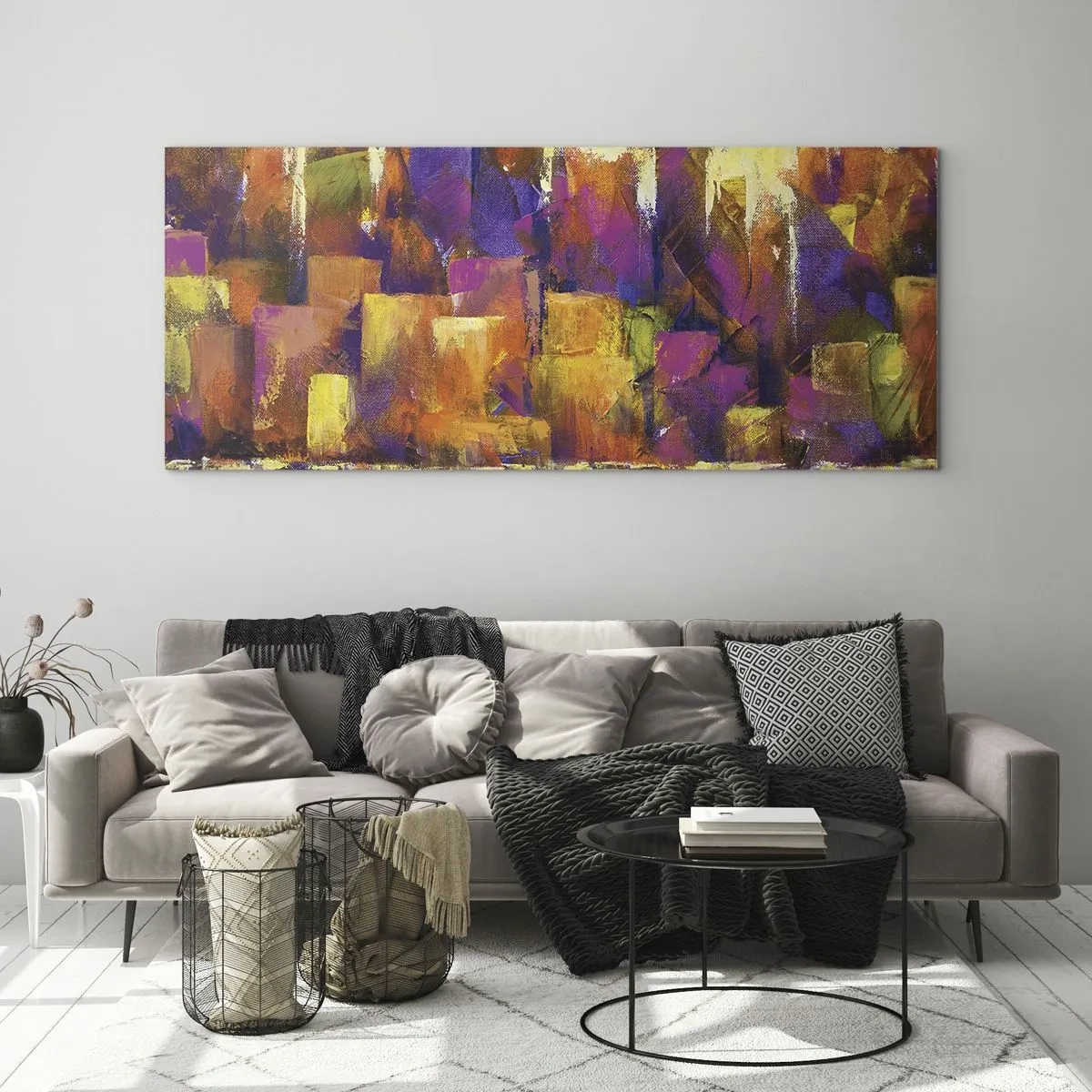 Cuadro sobre vidrio - Impresiones sobre Vidrio - Composición abstracta de una metrópolis en tonos amarillos y morados. - 120x50cm - Composición metropolitana - Decoración de pared moderna para salón y dormitorio ARTTOR