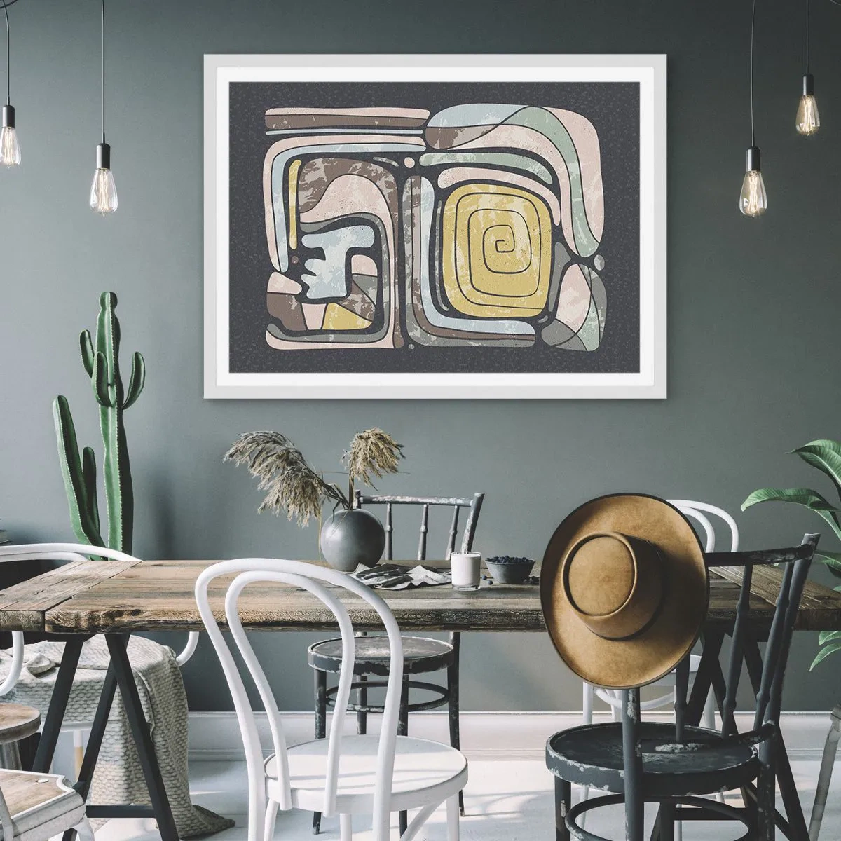 Póster en marco blanco - Abstracción con espíritu precolombino - 100x70 cm