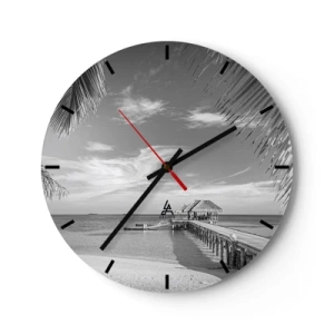 Reloj de pared - Reloj de vidrio - Un muelle en blanco y negro con un mirador sobre el océano y palmeras en el marco. - 30x30cm - ¿Un recuerdo o un sueño? - Decoración de pared moderna para salón, cocina y dormitorio ARTTOR