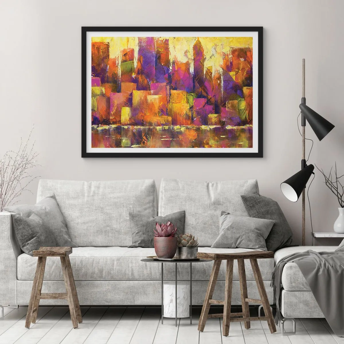 Póster en marco negro - Composición abstracta de una metrópolis en tonos amarillos y morados. - 70x50cm - Composición metropolitana - Decoración de pared moderna para salón y dormitorio ARTTOR
