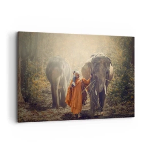 Cuadro sobre lienzo - Impresión de Imagen - Un monje con una túnica naranja guía un elefante en el bosque. - 120x80cm - Comprensión total - Decoración de pared moderna para salón y dormitorio ARTTOR
