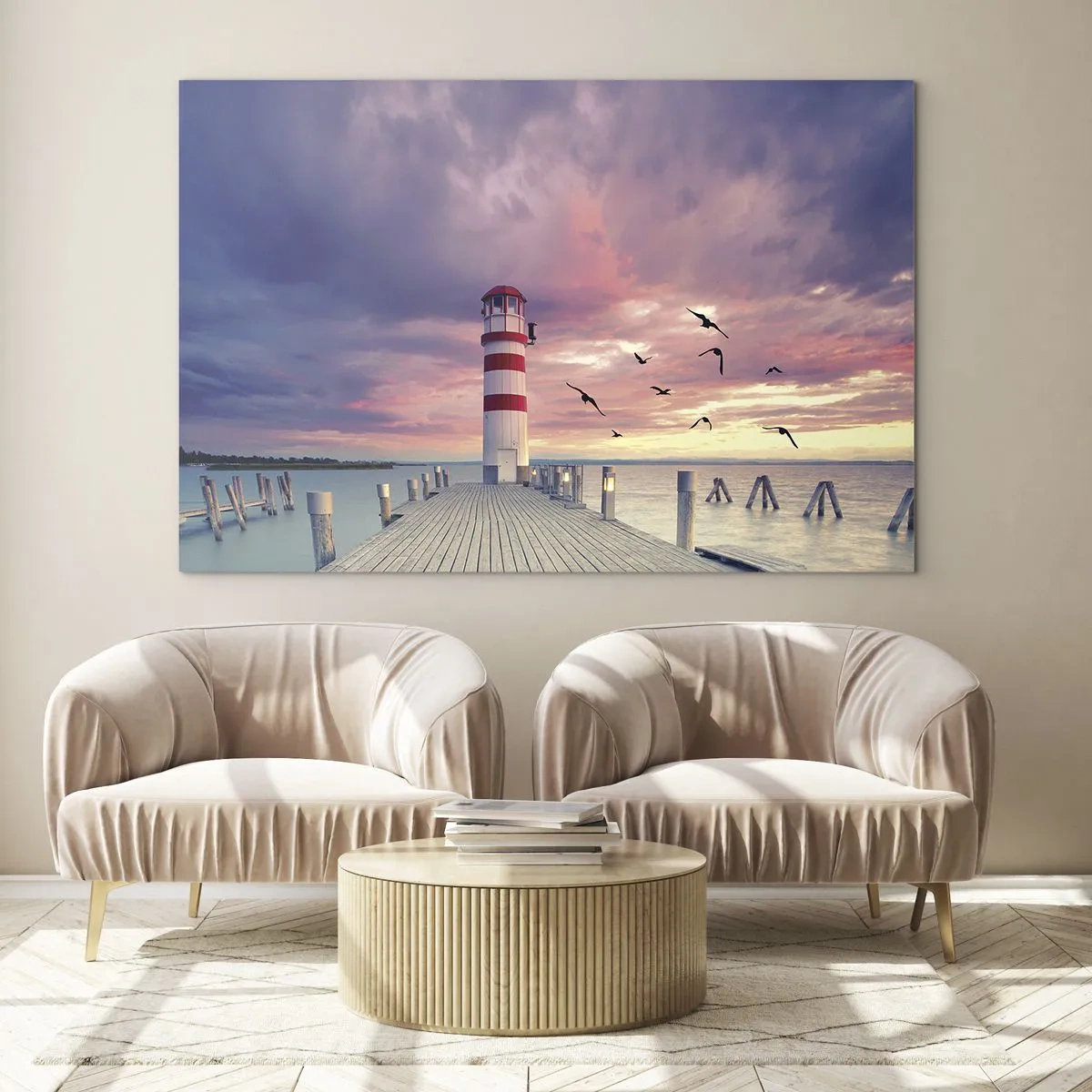 Cuadro sobre vidrio - Impresiones sobre Vidrio - Faro en el muelle al atardecer con pájaros volando - 100x70cm - Hora de ir al puerto - Decoración de pared moderna para salón y dormitorio ARTTOR