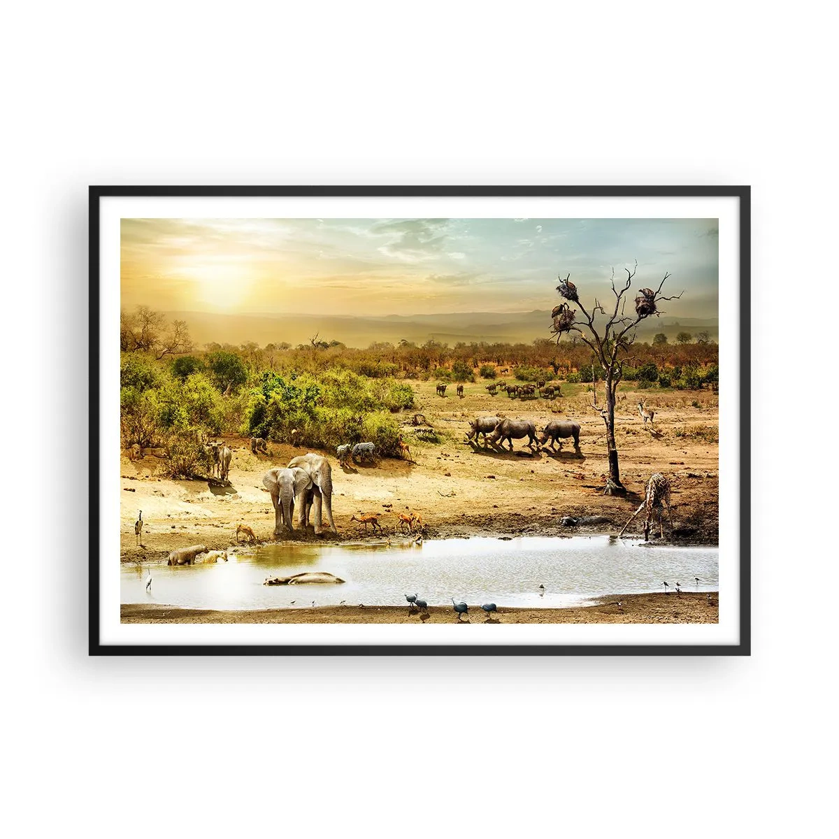 Póster en marco negro - Elefantes y animales salvajes en un abrevadero al atardecer - 100x70cm - Y del Edén fluyó un río... - Decoración de pared moderna para salón y dormitorio ARTTOR