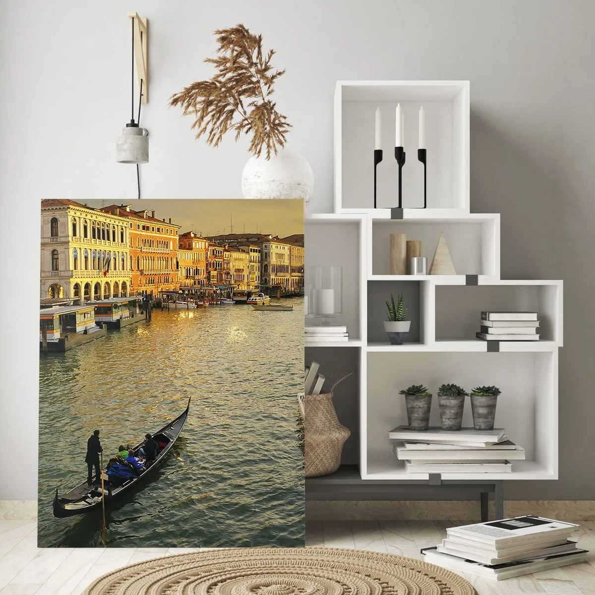 Cuadro sobre vidrio - Impresiones sobre Vidrio - Góndola en un canal de Venecia al atardecer - 80x120cm - En el lado soleado de la calle - Decoración de pared moderna para salón y dormitorio ARTTOR