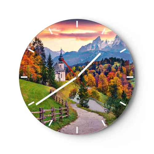 Reloj de pared - Reloj de vidrio - Paisaje otoñal de montaña con una iglesia y un callejón. - 30x30cm - Paisaje como una pintura - Decoración de pared moderna para salón, cocina y dormitorio ARTTOR
