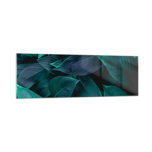 Cuadro sobre vidrio - Impresiones sobre Vidrio - Primer plano de hojas verdes con un fondo oscuro - 160x50cm - El propio verde - Decoración de pared moderna para salón y dormitorio ARTTOR