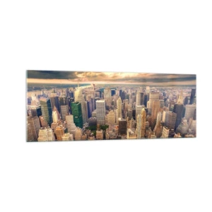 Cuadro sobre vidrio - Impresiones sobre Vidrio - Panorama de la ciudad con vistas a los rascacielos al atardecer - 140x50cm - Metrópolis dorada - Decoración de pared moderna para salón y dormitorio ARTTOR