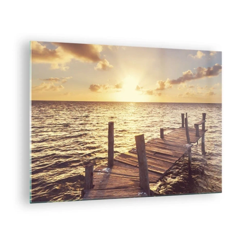 Cuadro sobre vidrio - Impresiones sobre Vidrio - Un embarcadero de madera con el sol poniente como telón de fondo - 70x50cm - Una tierra dorada de dulzura - Decoración de pared moderna para salón y dormitorio ARTTOR