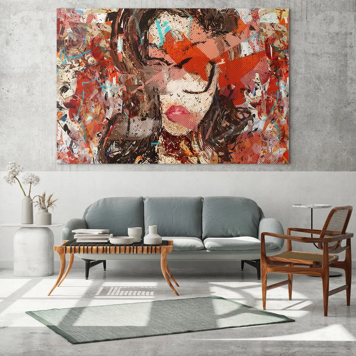 Cuadro sobre vidrio - Impresiones sobre Vidrio - Retrato abstracto de una mujer en tonos rojos y beige. - 120x80cm - Nadie sabe cómo eres realmente - Decoración de pared moderna para salón y dormitorio ARTTOR
